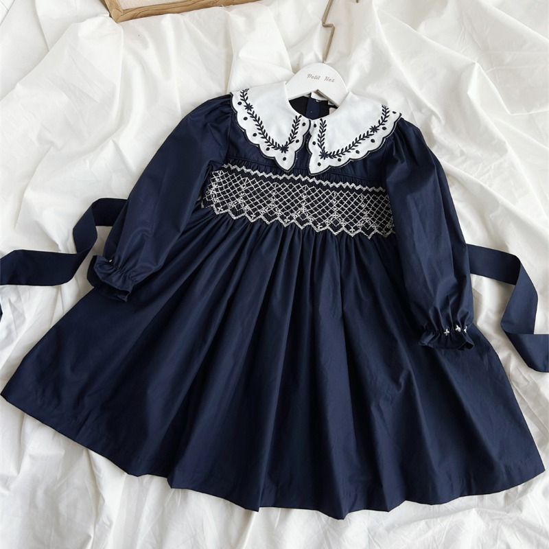 Vintage Fashion La - Vintage Dark Blue Hand-Embroidered Girls Long-Sleeved