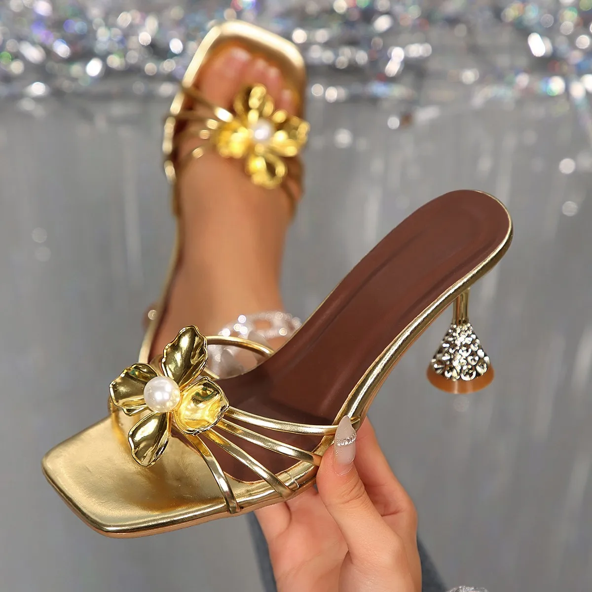 Vintage Fashion Dresses - Vintage Metal Flower Crystal Cone Heel
