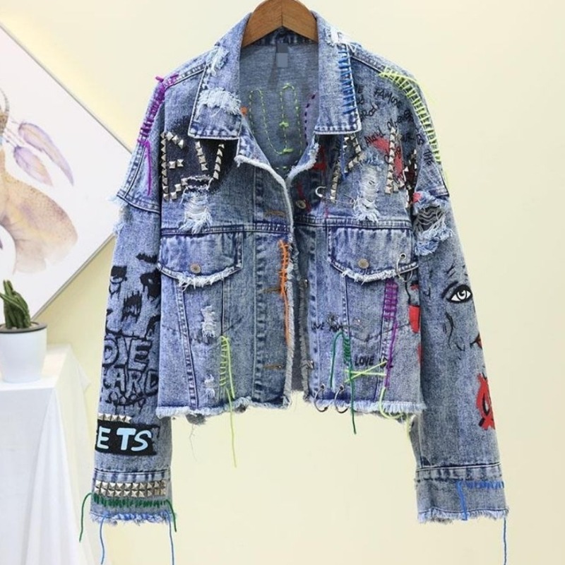 Patchwork Jean Jacket - Trendy Graffiti Casual Denim Short Jacket
