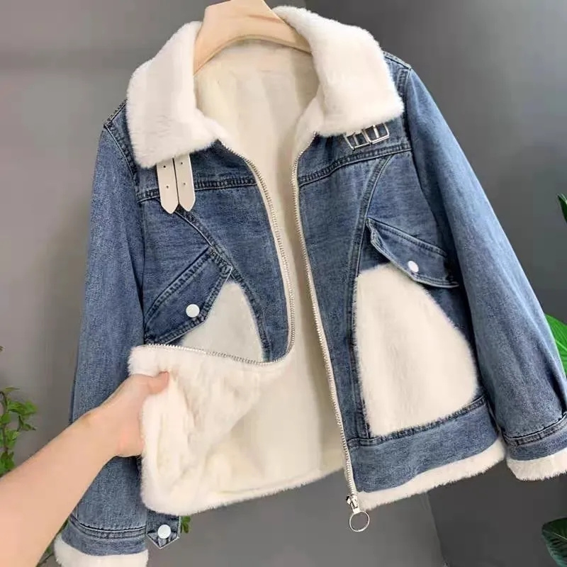 Faux Mink Velvet Stitching Den - đánh giá và giá Patchwork Jean Jacket