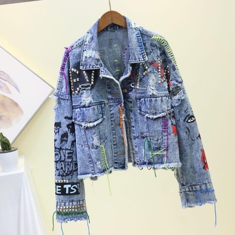 Trendy Graffiti Casual Denim S - đánh giá và giá Patchwork Jean Jacket