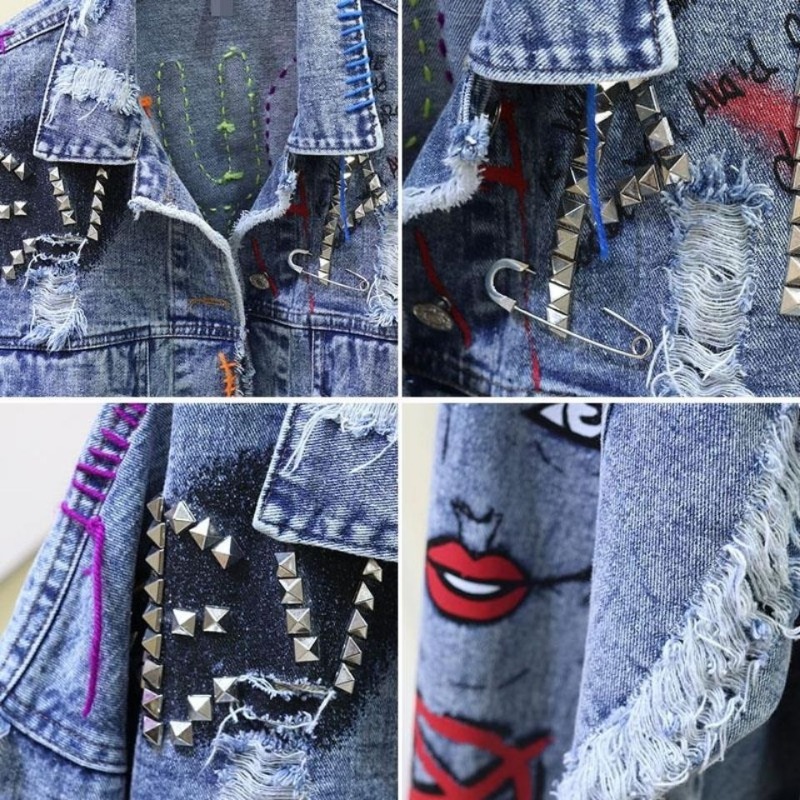 Trendy Graffiti Casual Denim S - đánh giá và giá Patchwork Jean Jacket