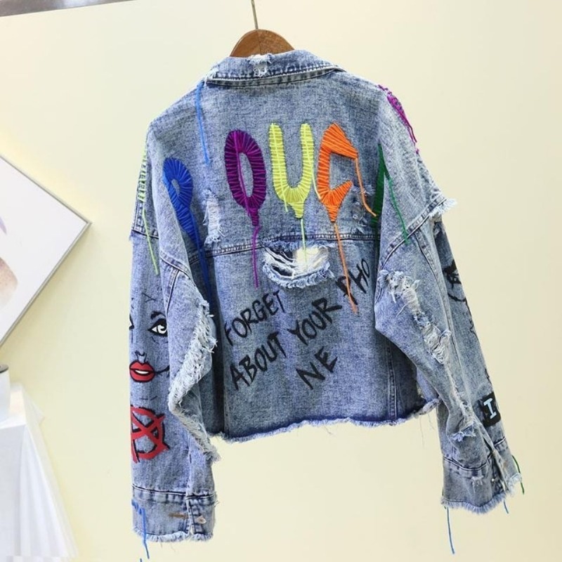 Trendy Graffiti Casual Denim S - đánh giá và giá Patchwork Jean Jacket